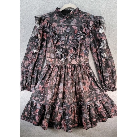 LA MAISON TALULAH Mini Dress Floral Black Purple Lace Ruffle Sz S Lolita Whimsy - Picture 1 of 16